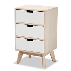 Baxton Studio Halian Mid-Century Modern Two-Tone White and Light Brown Finished Wood 3-Drawer Nightstand Affordable modern furniture in Chicago, classic bedroom furniture, modern nightstand, cheap nightstand